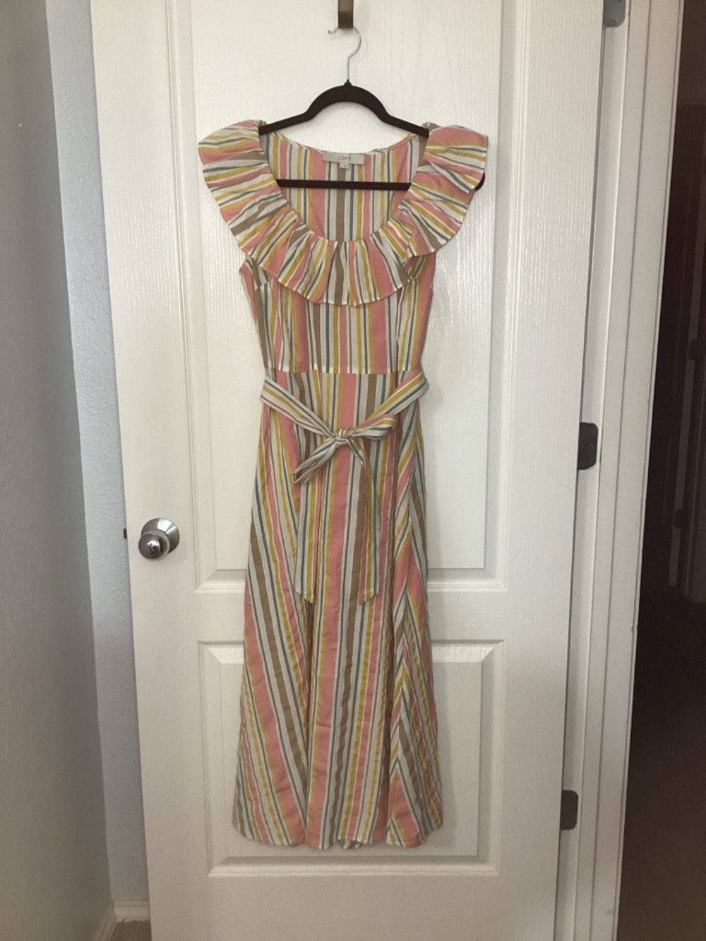 LOFT Pink Striped Ruffle MIDI Dress
